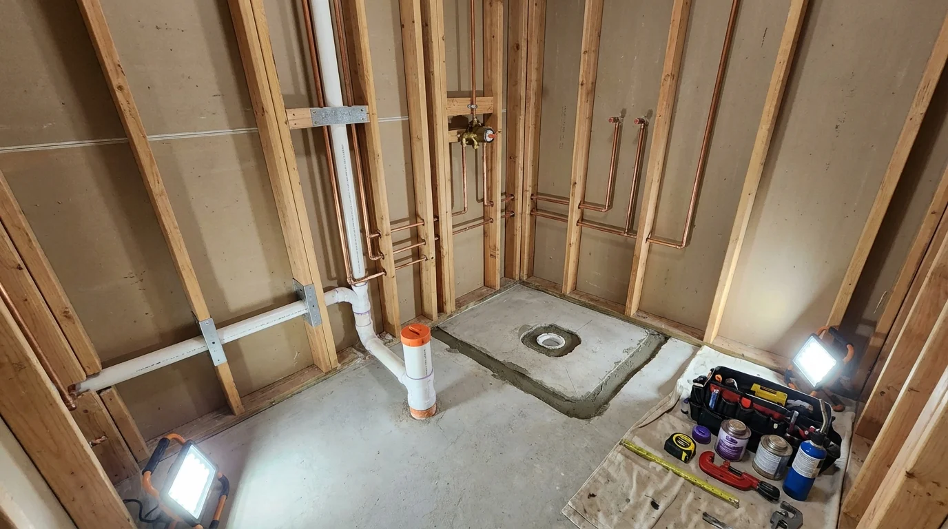Bathroom rough-in plumbing during remodel by Johns Plumbing LLC in Mountain View