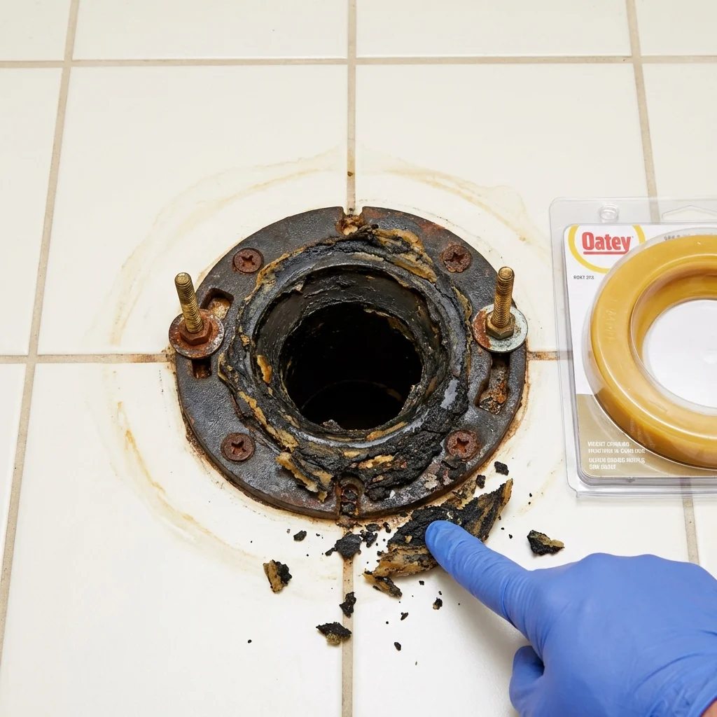 Failed wax ring showing water seepage at the base of a toilet in a Mountain View, AR home