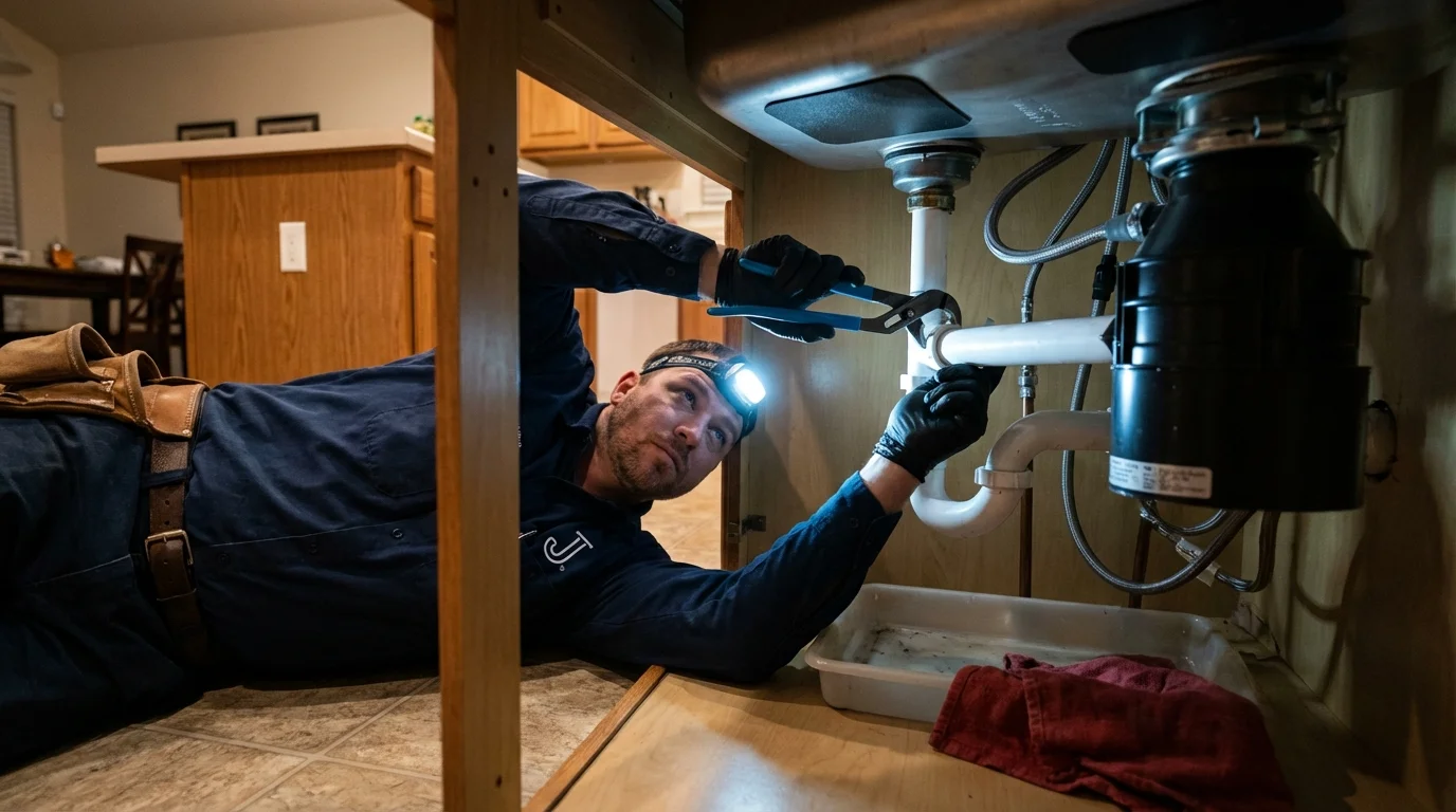 P-trap and supply line connections under a kitchen sink showing a common leak point in Mountain View, AR